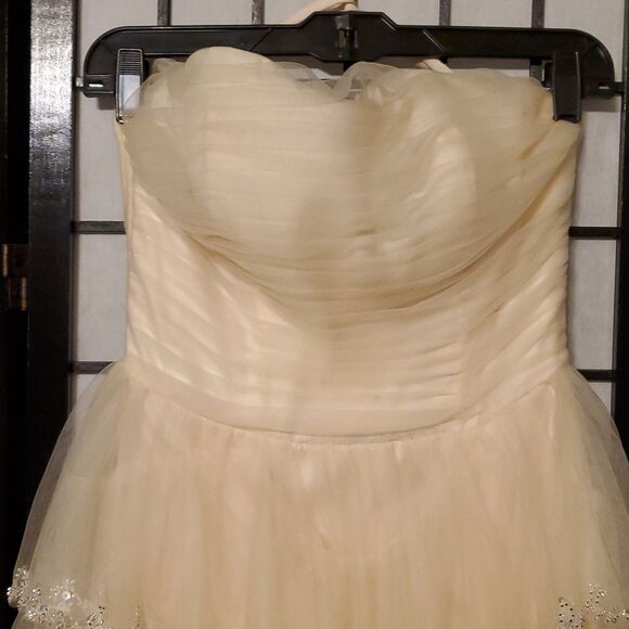 Elegant Strapless Cream A LINE Gown with RUFFLE Sequin Details - Picture 5 of 8